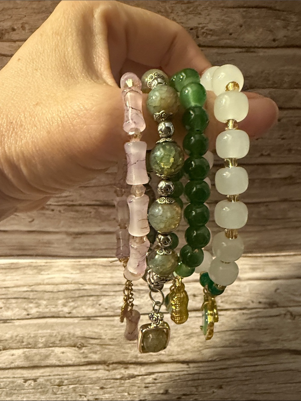 4 Handcrafted Multi-Strand Beaded Dangle Charms Bracelet Set  Green, White, Pink